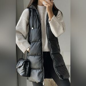 NEW Zara Women's Small Black Faux Leather 3/4 Long Midi Hooded Puffer Vest